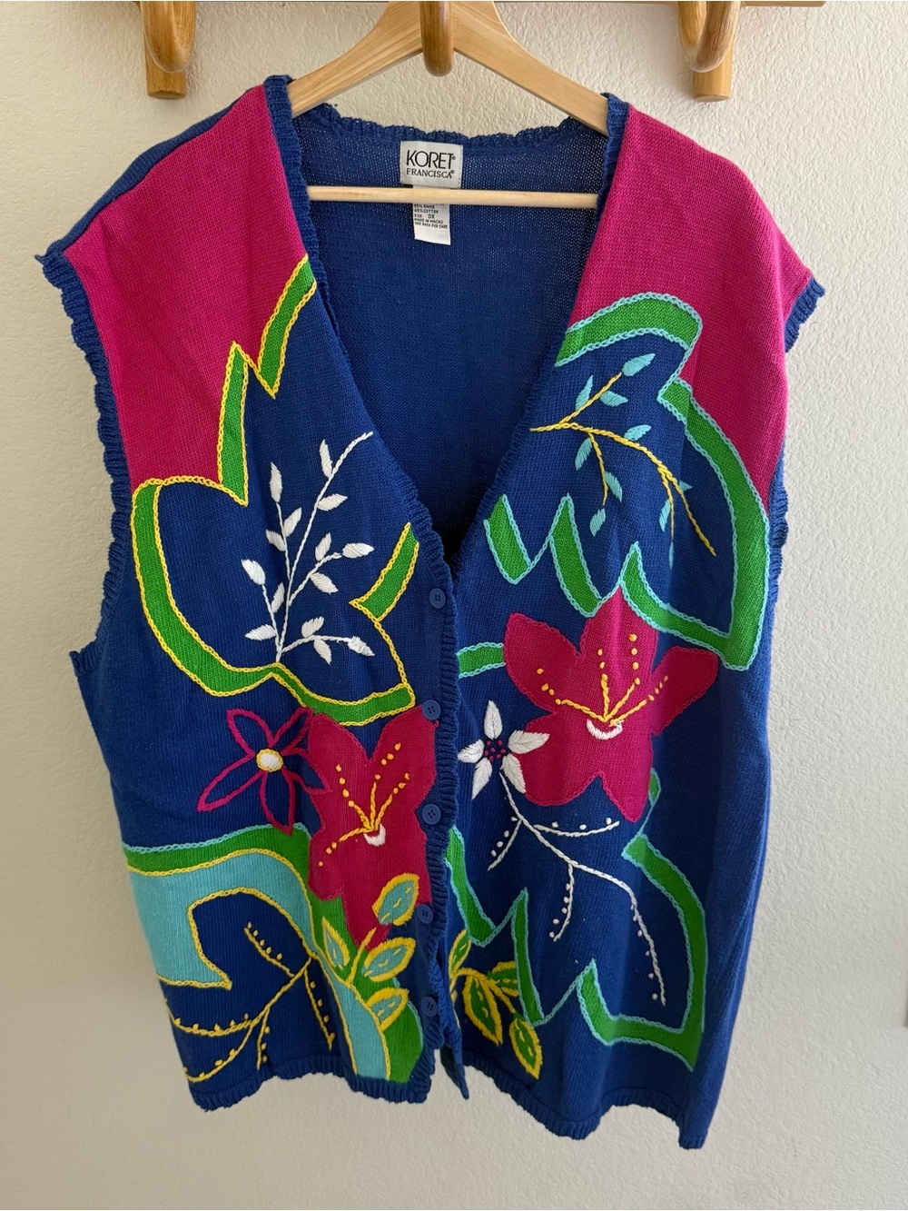 Koret vintage garden grandmacore blue pink floral embroidered sweater vest boho